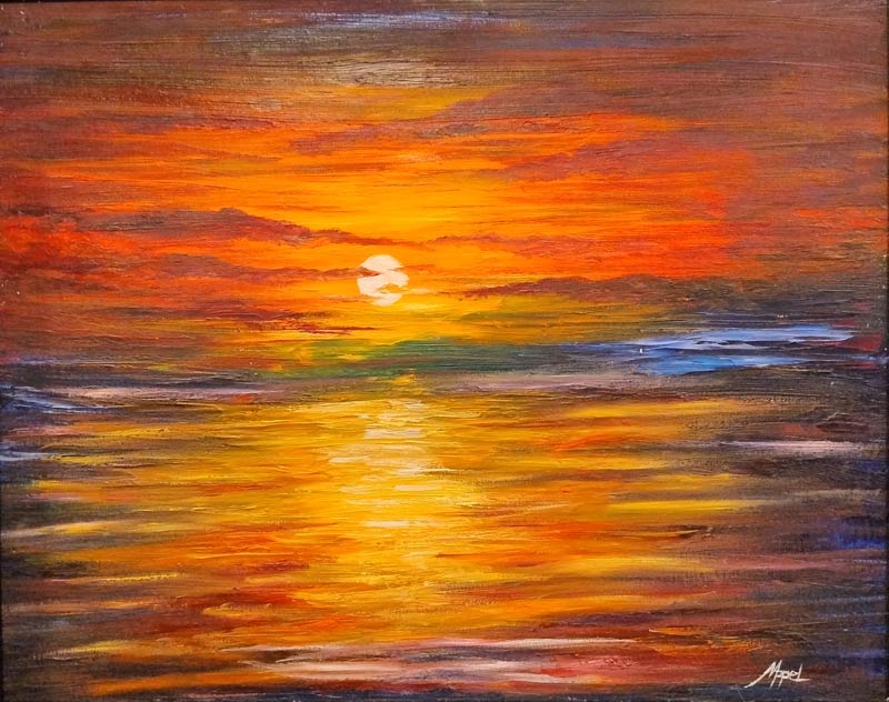 Schilderij ondergaande zon door Marleen Appel